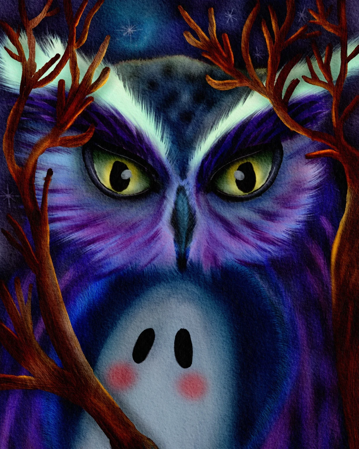 An owl-like woodland face and pale ghostly form surrounded by branching shapes