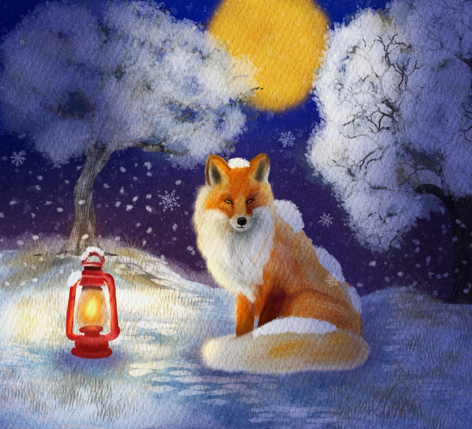 An illustrated fox beside a glowing lantern under the winter moon