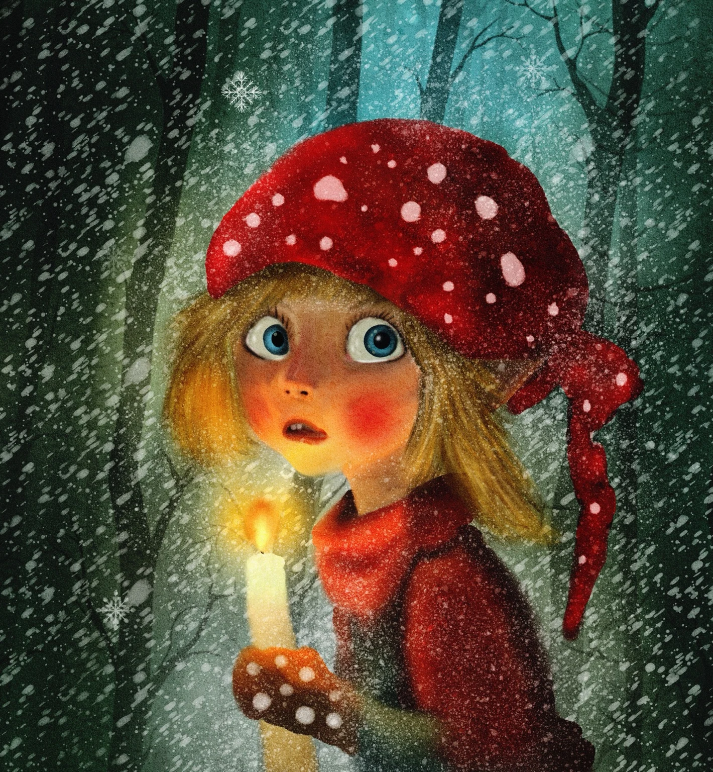 A red-capped mushroom character carrying a lantern through a snowy woodland