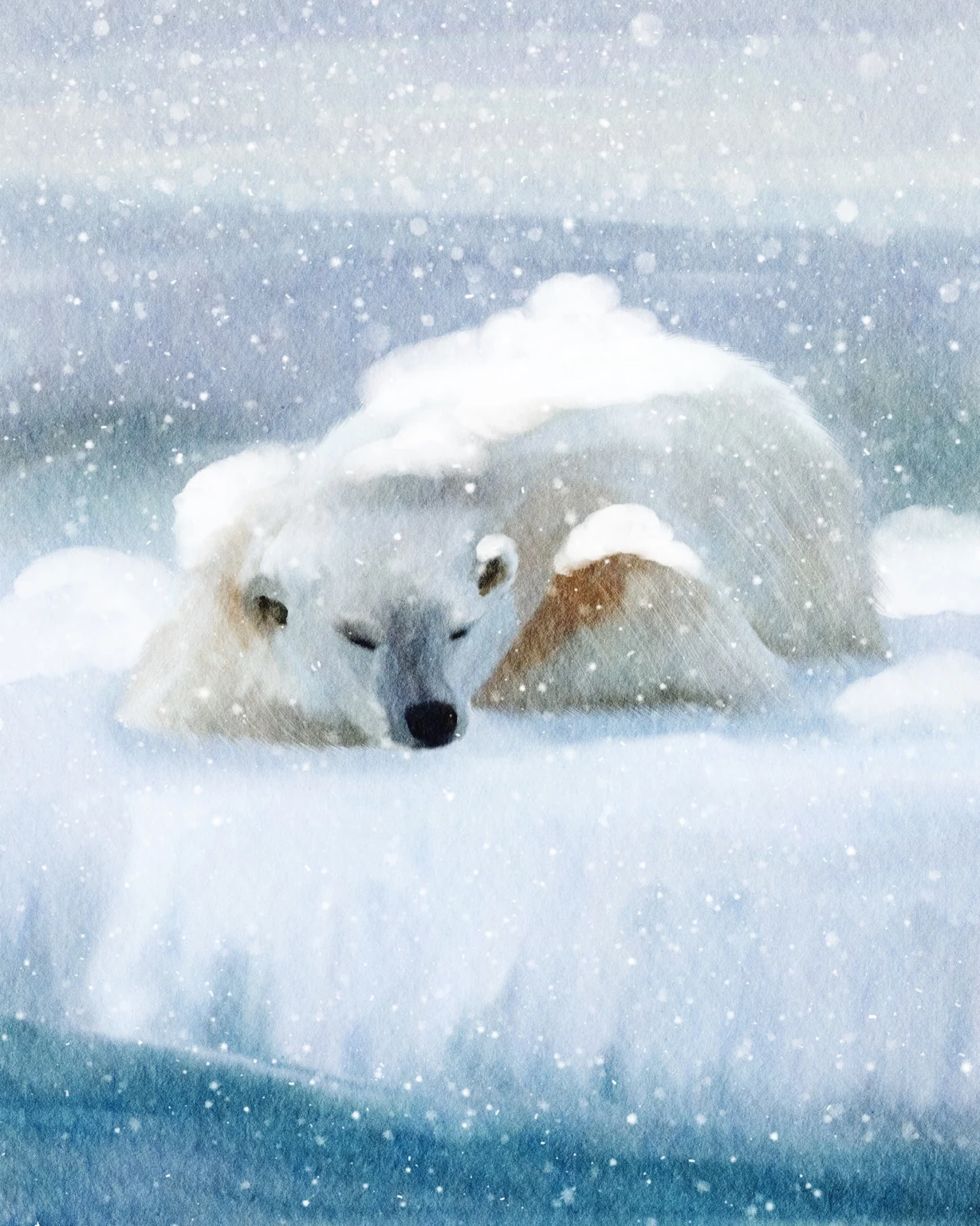 A polar bear resting in a snowy landscape