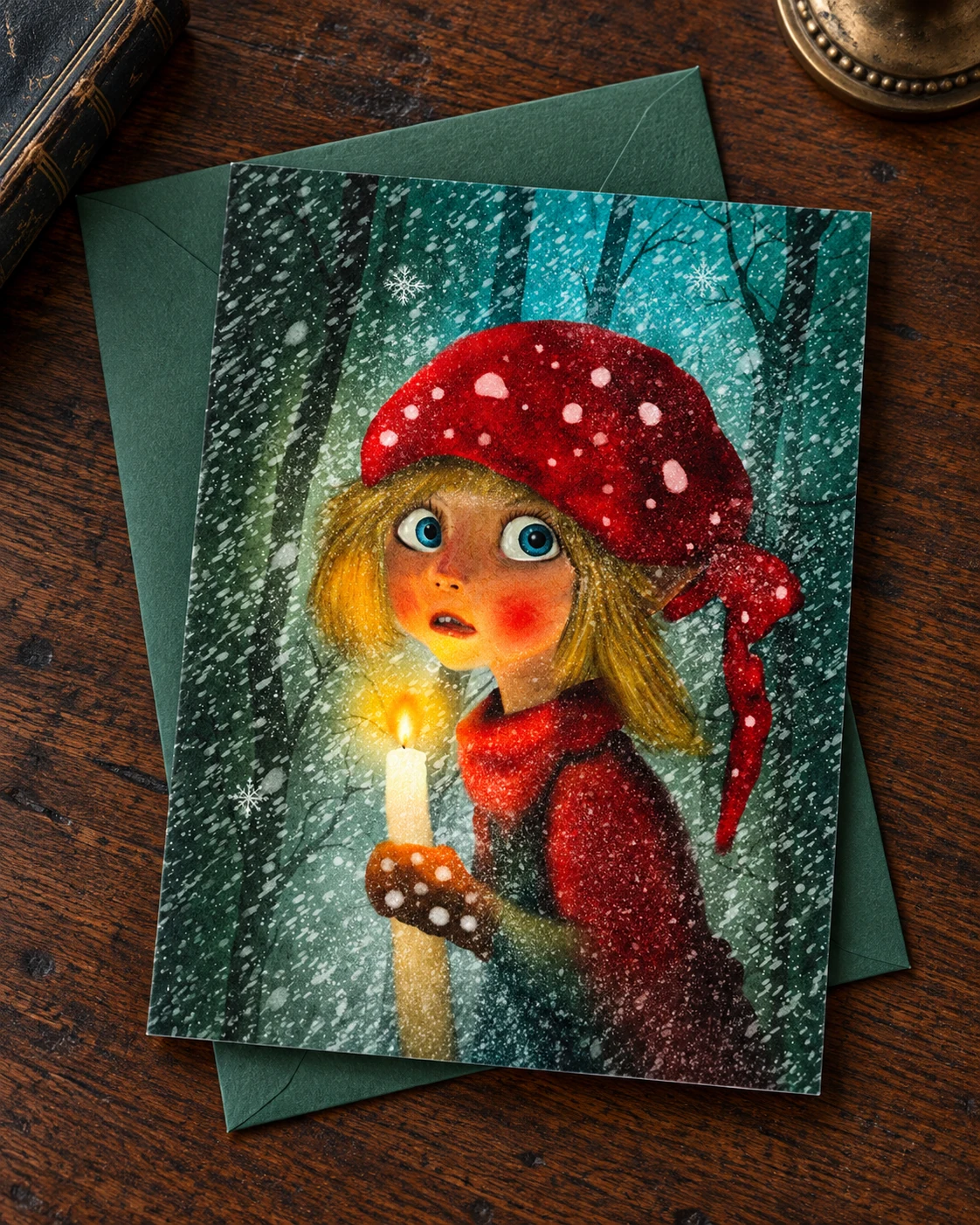 The Woodland Wanderer borderless 5 × 7 inch greeting card on a green envelope on an oak desk