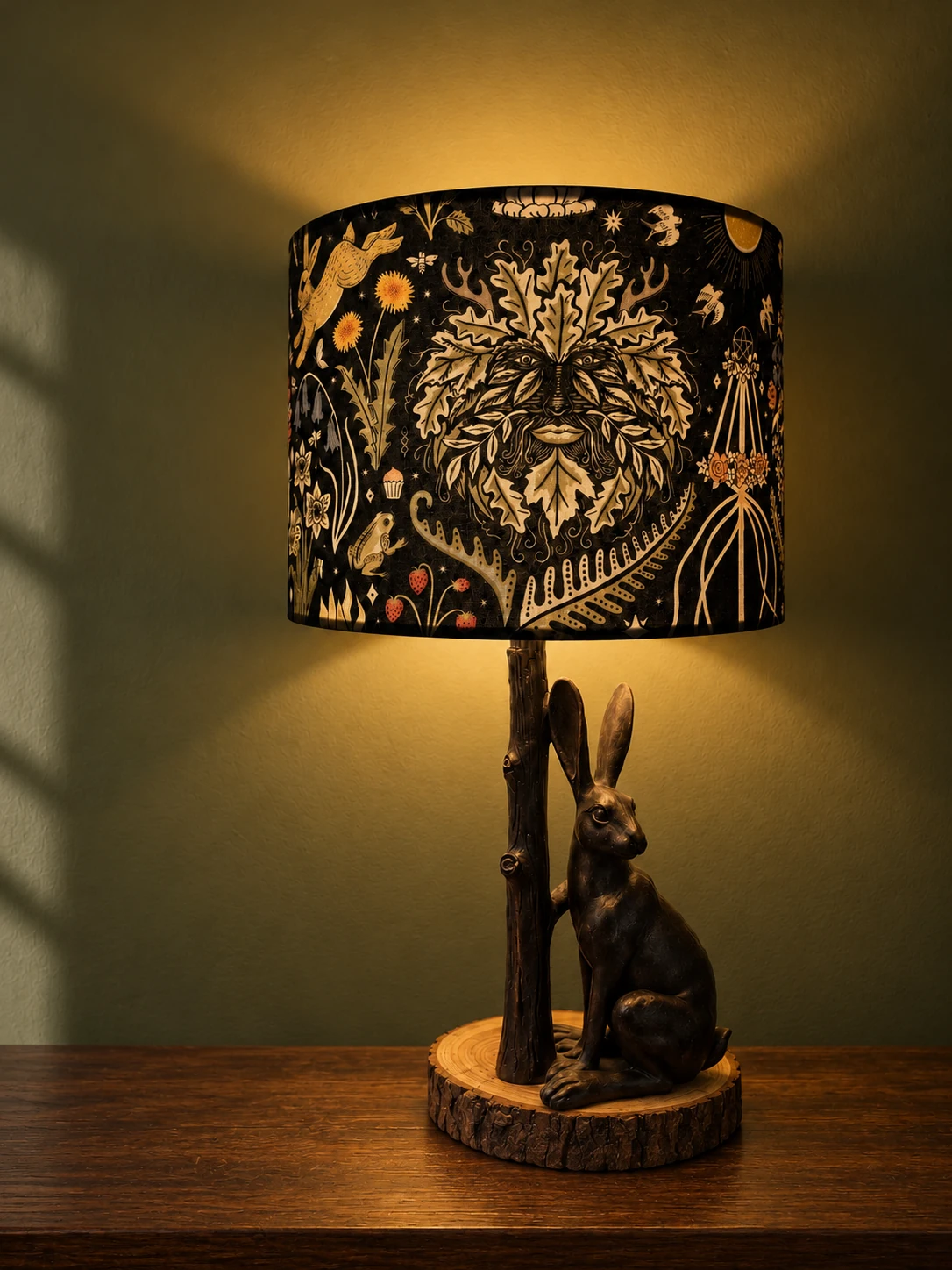 Green Man lamp concept on its sculptural hare base in a restrained olive room